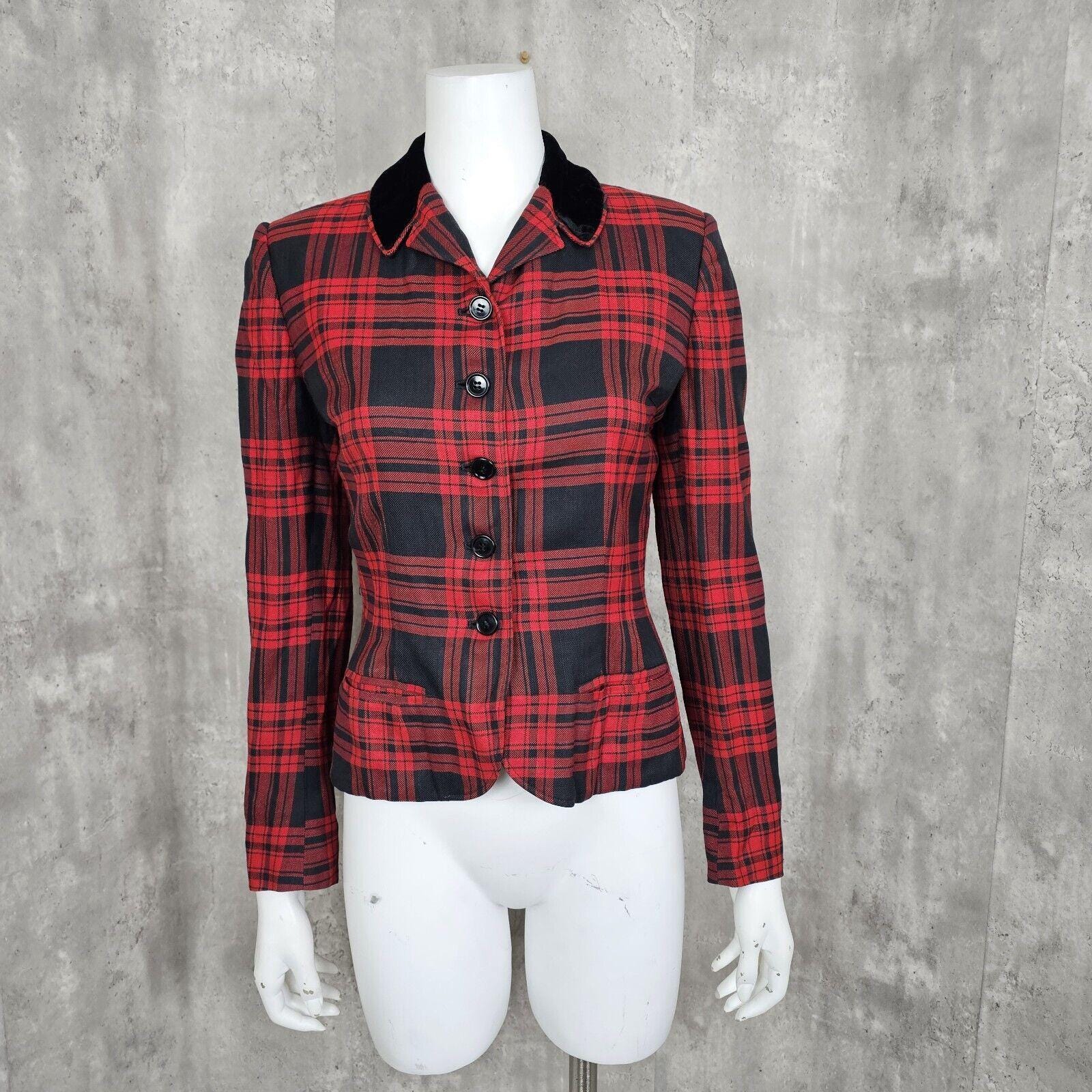 Vintage 50s Charles F. Berg S Red Black Plaid Peplum Tailored Blazer Jacket