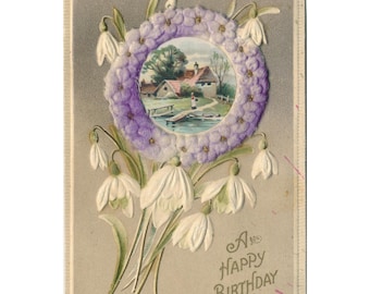 Antique Embossed Birthday Postcard Snowdrops Cottage Scene Germany c1910