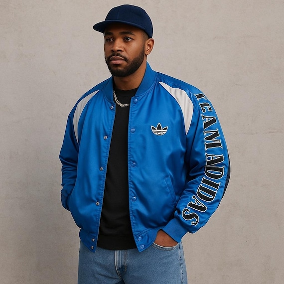 Vintage 80s 90s Adidas Trefoil Satin Bomber Jacket Blue White