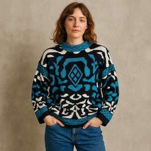 Helium Vintage 80s Teal Black White Abstract Graphic Knit Sweater Geometric M/L