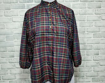 Vintage 70s 80s Plaid Sheer Lightweight 1/4 Button Down 3/4 Sleeve Blouse
