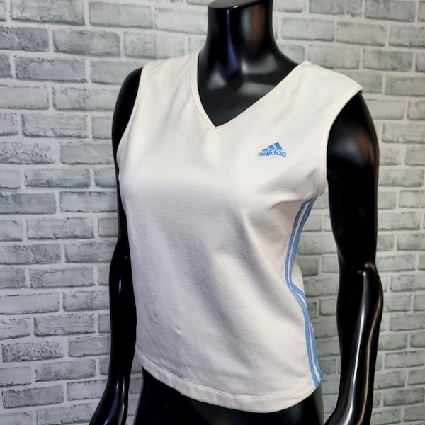 Vintage Y2K 2004 Adidas Womens XL Fitted Off White Tank Top Crop Blue 3 Stripes