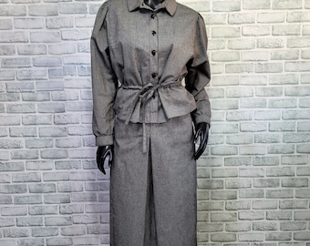 Vintage 70s 80s Ralph Creation Grey Black Pinstriped Peplum Blazer & Skirt Suit