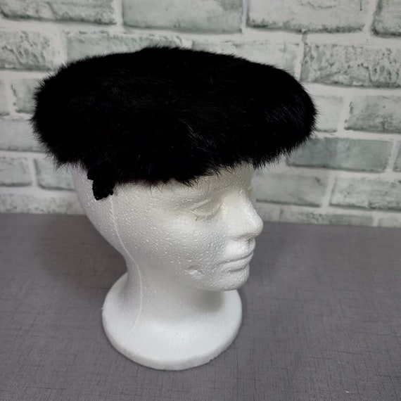 Vintage 50s 60s Black Mink Fur Hat Furry Halo Win… - image 4