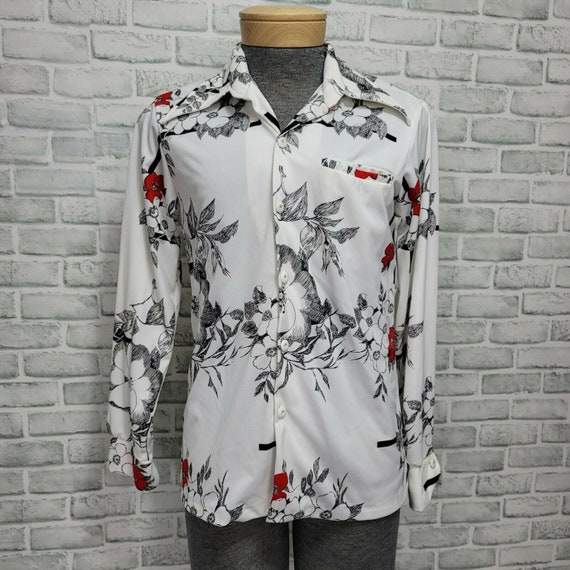 Vintage 70s Tropicana White Black Red Floral Over… - image 1