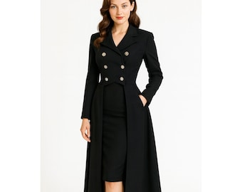 Marie Claire Fiala - Chaqueta larga negra estilo militar estilo steampunk gótico para cosplay