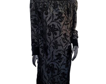 Vintage des années 80 Jerri Sherman Saks 5th Ave Lame floral L/S robe tunique boutonnée au dos