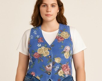 Colete jeans vintage dos anos 90 Stampede EUA tamanho M azul floral com botões na frente Cottagecore