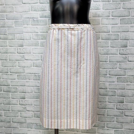 Vintage 80s Bobbie Brooks White Rainbow Striped Seersucker Straight Skirt