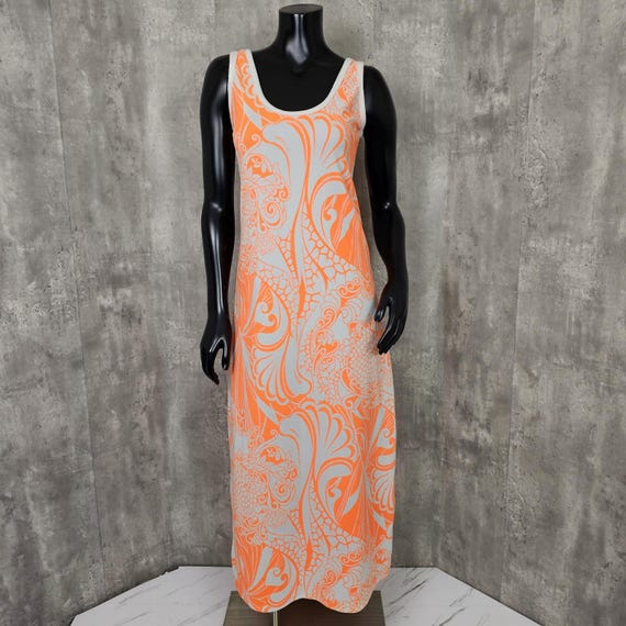 neon orange tank dress Vintage 70s Neon Orange Tropical Abstract Textured Tank Dress Tiki Luau  Stretchy