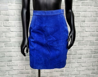 Vintage 90s Pelle Womens S Bright Blue Suede Pencil Mini Skirt Genuine Leather