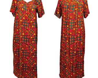 Vintage 70s Benlee Bright Barkcloth Abstract Floral Muumuu Maxi Floral Dress