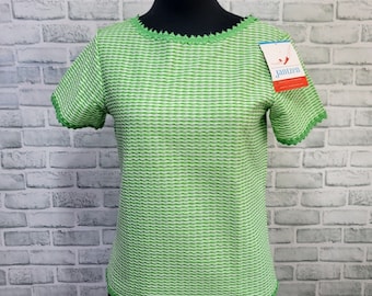 Vintage 60s 70s Jantzen Green White Basket Weave Diamond Lace Cotton Shirt S/S