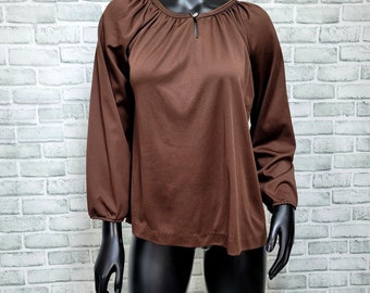 Vintage 70s Brown Polyester Blouse Womens M Bell Sleeve Disco Keyhole Neckline