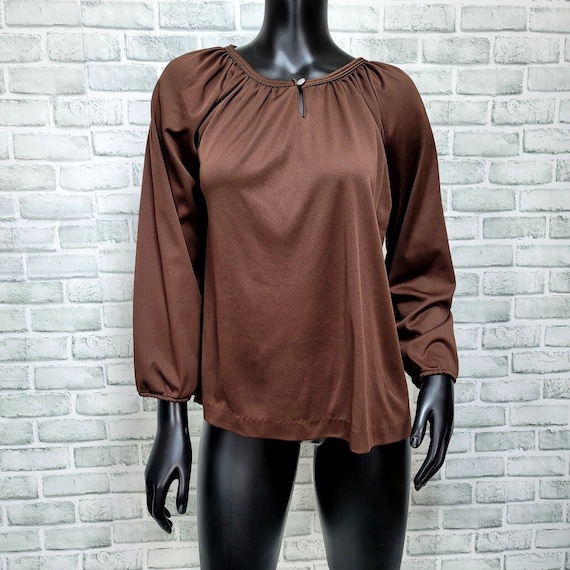 Vintage 70s Brown Polyester Blouse Womens M Bell … - image 1