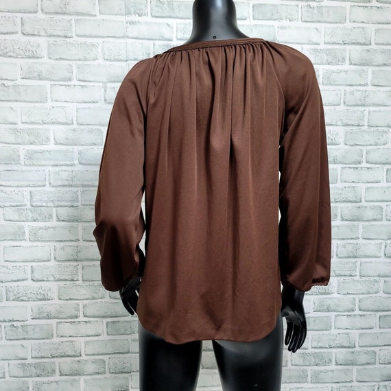 Vintage 70s Brown Polyester Blouse Womens M Bell … - image 4