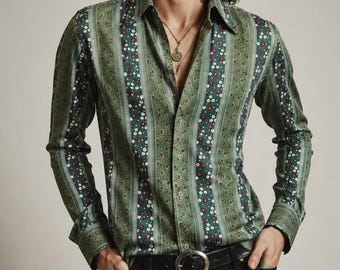 Vintage 70s Floral Stripe Disco Shirt Mod Hippie Boho Button Up Mens S Indie