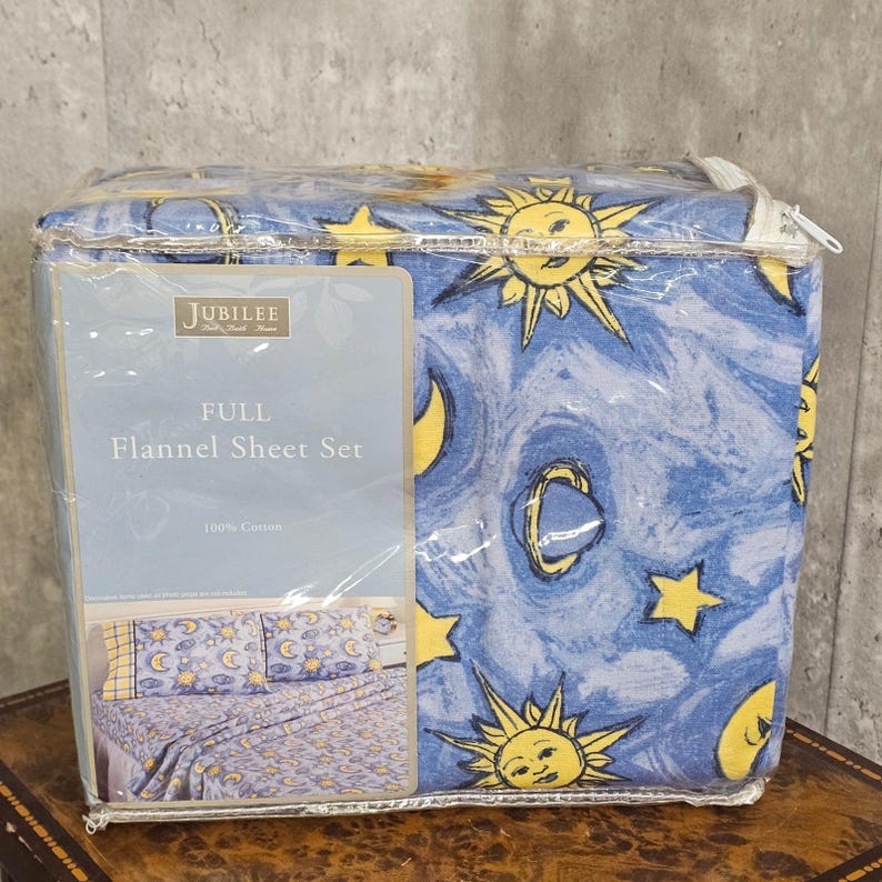 Vintage Jubilee Celestial Sun Moon Flannel Sheet Set Full Cotton Y2K NOS Whimsy imagem 5
