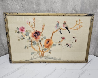 Mid Century Chinese Chinoiserie Framed Silk Embroidery Art Birds Flowers Asian