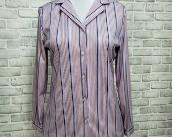Vintage jaren 70 Queen Casuals dames M gestreepte blouse met knopen en lange mouwen
