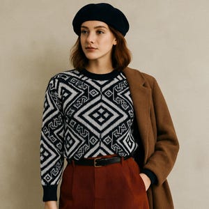 Vintage Gitano-trui uit de jaren 80 en 90 L Italië zwart wit geometrisch breiwerk Retro Limited