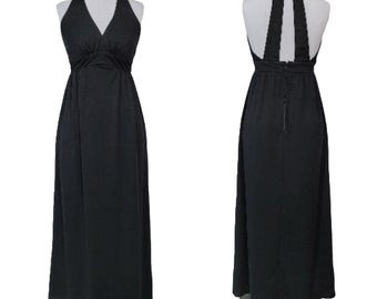 Vintage 70s Black Dbl Knit Poly Halter Cutout Back Empire Waist Maxi Disco Hippy