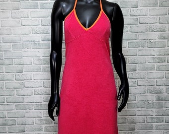 Vintage 90s Y2K Express Size S Hot Pink Velour Empire Waist Halter Mini Dress