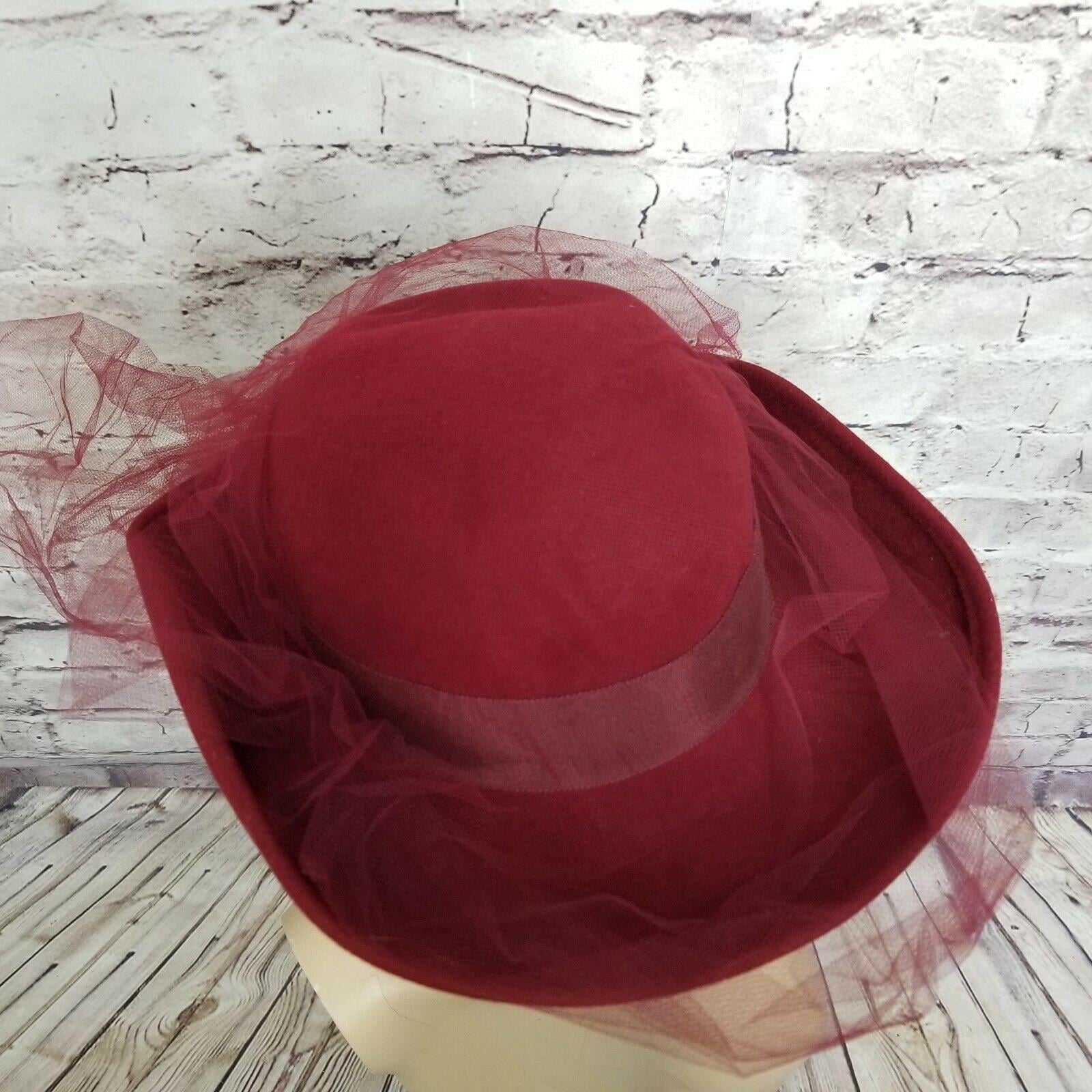 Vintage Michael Howard Maroon Red Wool Hat Veil Church Derby  display picture 2