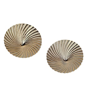 May include: Two gold-toned, spiral-patterned decorative wall art pieces. Each circular piece features a central point with radiating, ridged lines, creating a textured, eye-catching design. The pieces are set against a plain white background.