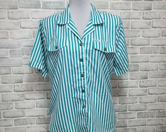 Vintage 80s 90s Cabrais M Green White Striped Short Sleeve Button Front Shirt