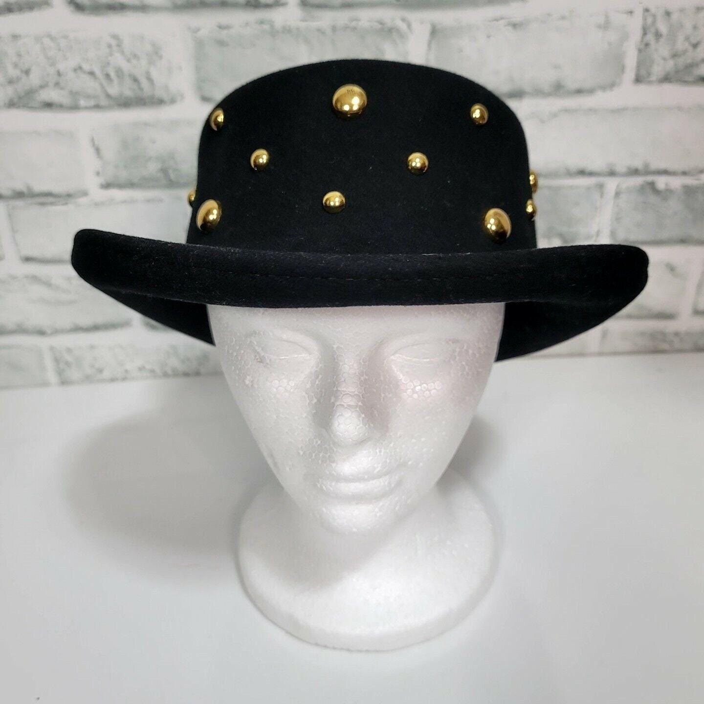 Vintage Black Litefelt Wool Hat Gold Studded Steampunk  display picture 2