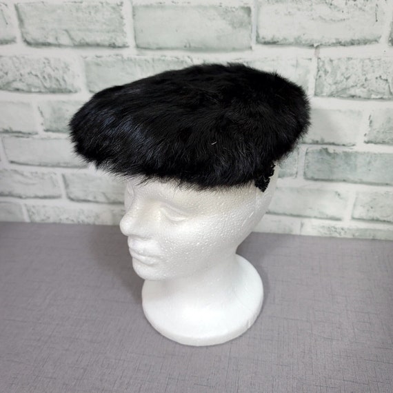 Vintage 50s 60s Black Mink Fur Hat Furry Halo Win… - image 2
