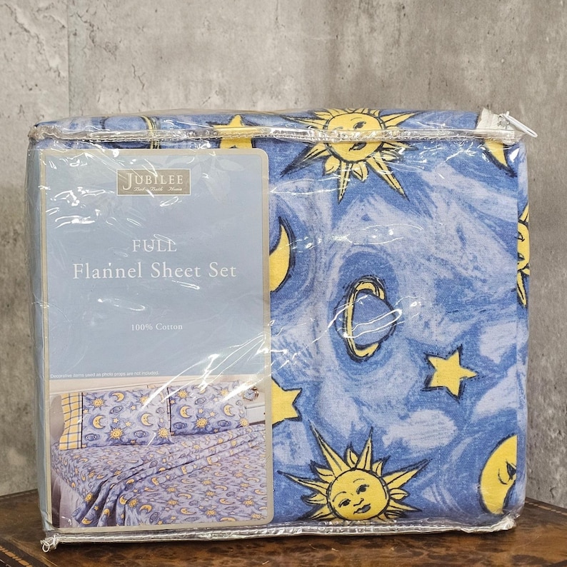 Vintage Jubilee Celestial Sun Moon Flannel Sheet Set Full Cotton Y2K NOS Whimsy imagem 2