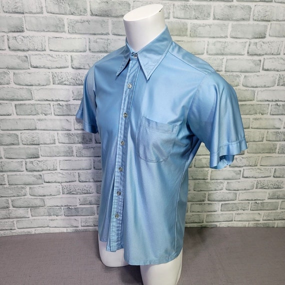 Vintage 70s Mens M Qiana Shiny Baby Blue Button F… - image 4