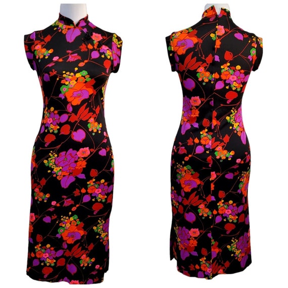 Vintage 70s Amy Deb M Neon Bright Floral Cheongsa… - image 1