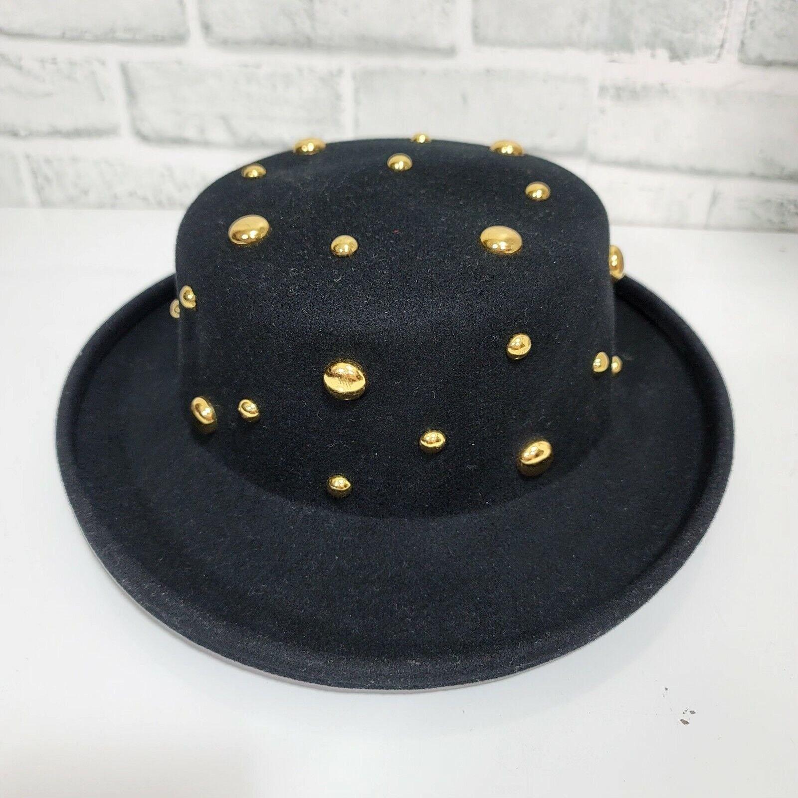Vintage Black Litefelt Wool Hat Gold Studded Steampunk  display picture 3