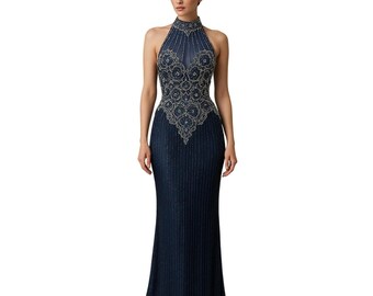Vintage 80s Lillie Rubin 6 Beaded Mock Choker Neck Formal Evening Gown Dress