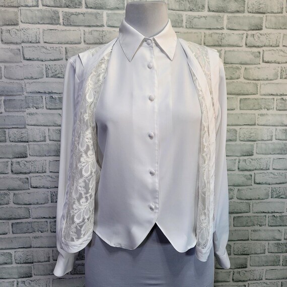 Vintage 80s Yves St. Clair Womens M White Lace Vest Button Up Blouse Career Cas View 2