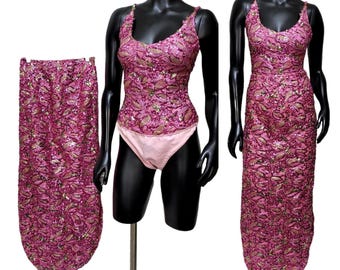 Vintage rosa lantejoulas cabaré bordel showgirl burlesco traje body saia