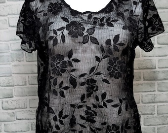 Vintage jaren '80 jaren '90 Pure Burnout Floral Mesh Popover Top met korte mouwen Grunge