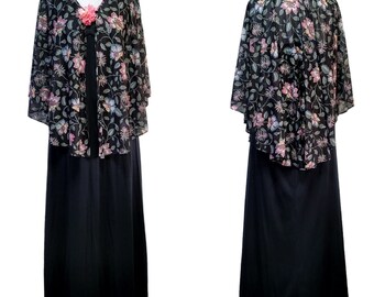 Vintage 70s Black Nylon Halter Maxi Sheer Floral Attached Popover Cape Disco