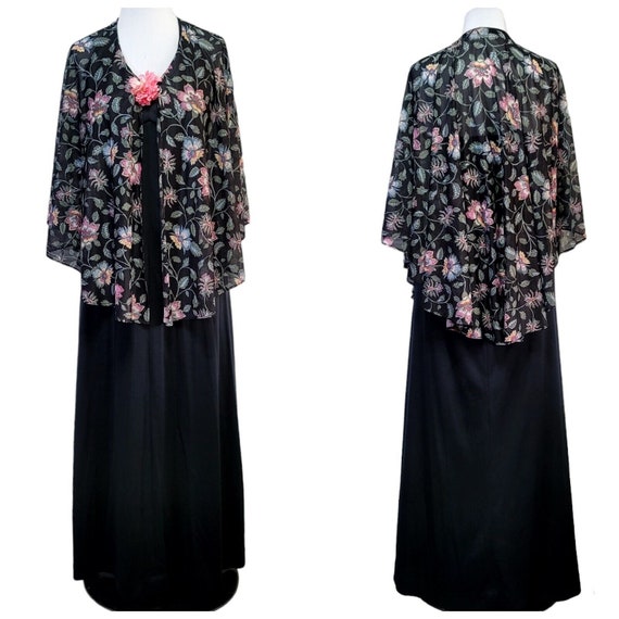 Vintage 70s Black Nylon Halter Maxi Sheer Floral … - image 1