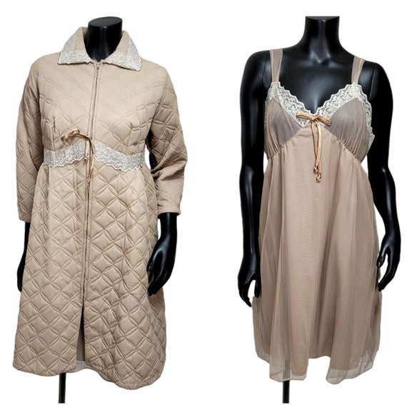 Vintage 50s 60s Danielle Peignoir Set Tan Quilted… - image 1