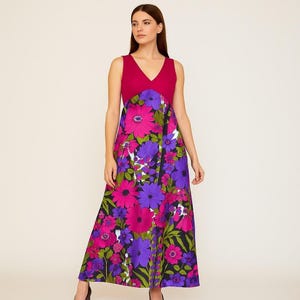 Vintage 70s Floral Maxi Dress Pink Purple Green Empire Waist Sleeveless Boho