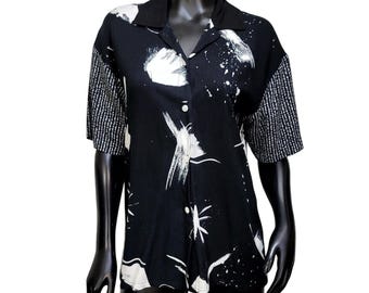 Blusa vintage de los 90 con tirantes, estampado abstracto, rayón, botones, color negro y blanco, talla S para mujer.