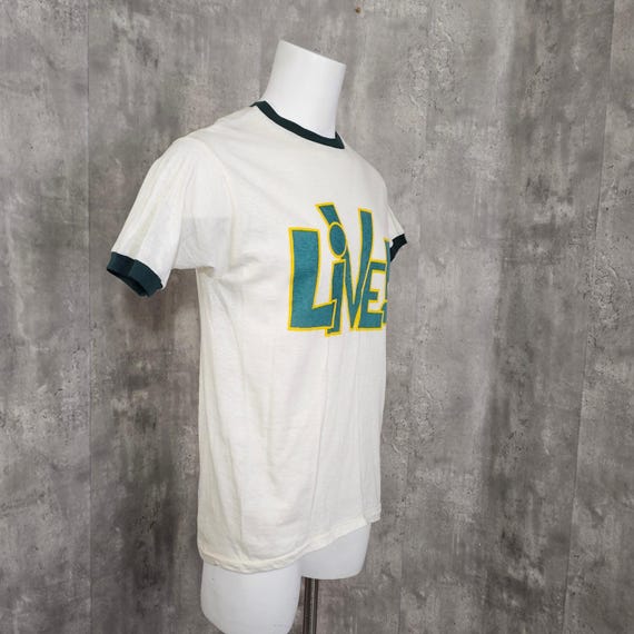 Vintage 70s LIVE! Ringer TShirt White Green Yellow Graphic Ringer Single Stitch View 3