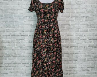 Vintage 90s All That Jazz Size M Black Cottagecore Floral Short Sleeve Midi Dres