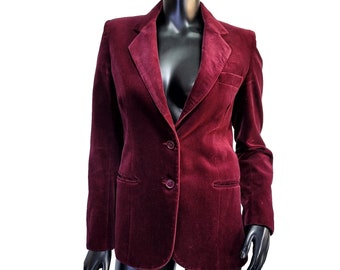 Blazer vintage en velours bordeaux Chaus S pour femmes des années 70 et 80, coupe ajustée, carrière