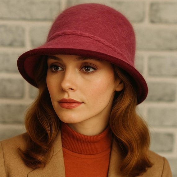 Vintage 70s Kangol Angora Fuzzy Hat Dark Pink W/ Burgundy 