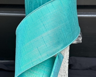4 inch iridescent and blue Farrisilk ribbon, blue designer wired ribbon